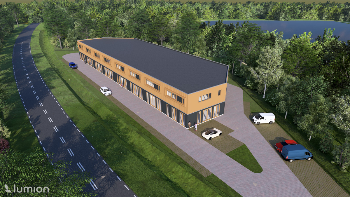 Architectuurimpressie van Vlasveen aan de Noordholt, met showrooms beneden en kantoren op de verdieping